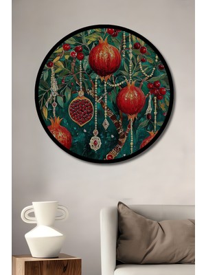 Nar Ağacı Sanat Tablosu Yağlı Boya Görünümlü Ahşap Tablo Yuvarlak Duvar Tablosu Çerçeve Görünümlü