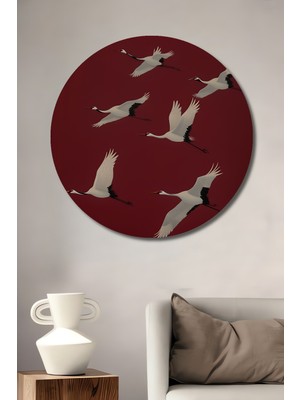 Görsel Tasarım Çuval Görünümlü Turnalar Ahşap Dekoratif Tablo Yuvarlak Duvar Tablosu