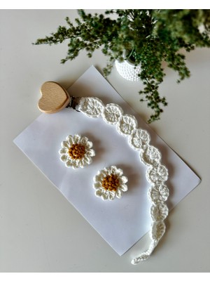 Livadesign7 Yenidoğan Saçsız Bebek Tokası ve Emzik Askısı El Emeği Örgü 3'lü Set