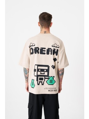 Machinist Erkek Dream Rob Baskılı Oversize Tişört Açık Bej