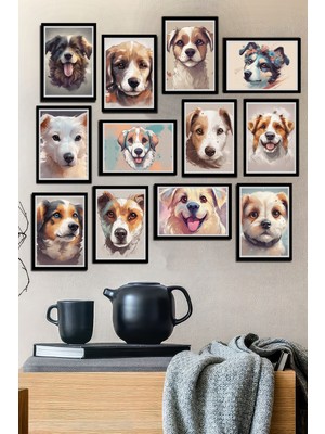 Tontilika 12 Parça Çerçeve Görünümlü Tatlı Köpekler Dijital Sanat Temalı Mdf Tablo Seti 80X80 cm