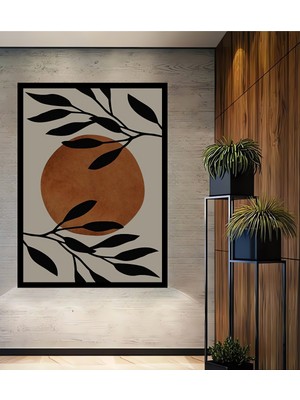 Minimalist Siyah Yaprak ve Kahverengi Güneş Tasarımlı Yağlı Boya Görünüm Ahşap Tablo Çerçeve Görünüm