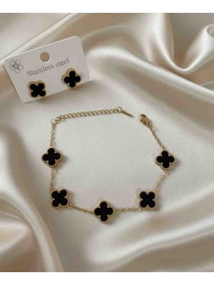 Güneş Takı Gold Siyah Büyük Boy Çelik Bileklik Küpe Set