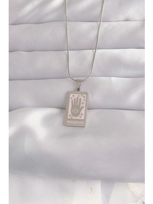 Shopwave 316L Çelik Gümüş Renk Pembe Mineli El Figür Tarot Kolye - TJ-BKO9050