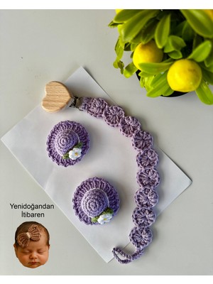 Livadesign7 Yenidoğan Saçsız Bebek Tokası ve Emzik Askısı El Emeği Örgü 3'lü Set