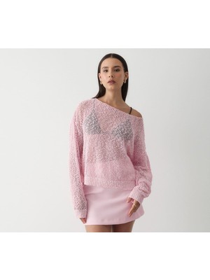 Jaste Kadın File Örgü Düşük Omuz Salaş Yazlık Triko PEMBE