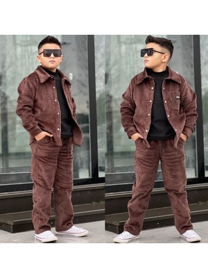 Burçak Butik Erkek Çocuk Kışlık Fitilli Kadife Gömlek - Pantolon - Uzun Kol Badi - 3'lü Şık Takım - Bayramlık
