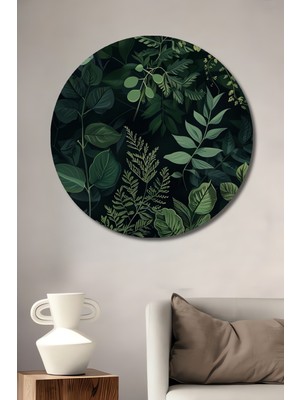 Yeşil Orman Yaprakları Sulu Boya Görünümlü Dekoratif Ahşap Tablo Yuvarlak Duvar Tablosu