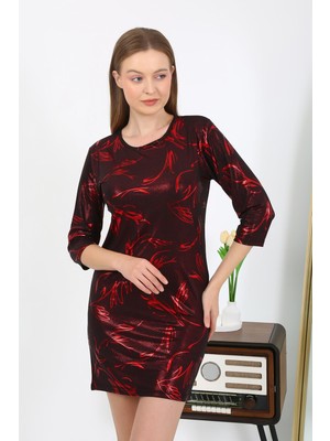 İbrahim Burak Etiler Collection Moda Çizgi Kadın Micro Kumaş Mini Parlak Elbise 7421 Kırmızı