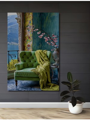 Ahşap Üzerine Yağlı Boya Görünümlü Şık Yeşil Koltuk ve Kiraz Çiçekleri Dekoratif Ahşap Tablo