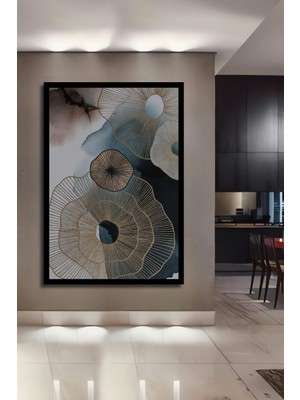 Altın Varaklı Soyut Çiçek Desenli Modern Sanat Ahşap Ev,antre,ofis,mutfak Tablo Çerçeve Görünümlü
