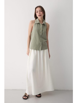 Jaste Kadın Yakalı Sıfır Kol Sırt Kısmı Acık Lastikli Keten Bluz HAKİ