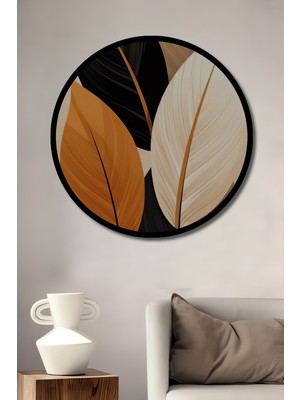 Yaprak Dokunuşlu Modern Sanat Ahşap Dekoratif Tablo Yuvarlak Duvar Tablosu Çerçeve Görünümlü