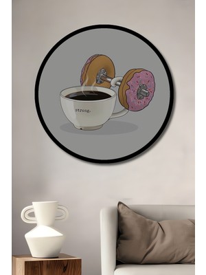 Kahve ve Donut Dambıl Soyut Sanat Ahşap Dekoratif Tablo Yuvarlak Duvar Tablosu Çerçeve Görünümlü