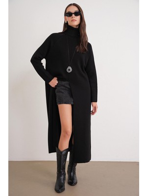 Mixray 6980 Kadın Dik Yaka Oversize Önden Yırtmaçlı Triko Elbise Siyah