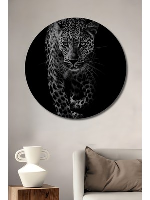 Kara Kalem Görünümlü Kaplan Siyah Beyaz Sanat Dekoratif Ahşap Tablo Yuvarlak Duvar Tablosu