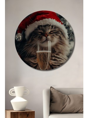Şık Yılbaşı Kedisi Yağlı Boya Görünümlü Ahşap Dekoratif Tablo Yuvarlak Duvar Tablosu