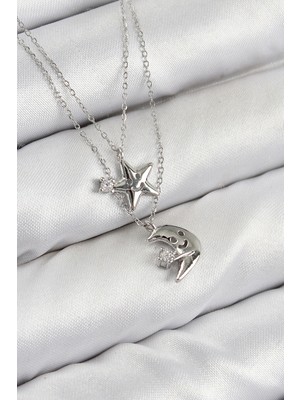 Shopwave Pirinç Zirkon Taşlı Yıldız ve Ay Model Gümüş Renk Kadın Kolye - TJ-BKO10423