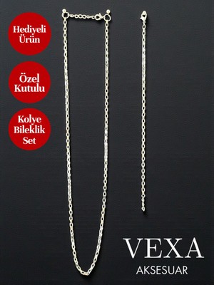 Vexa Aksesuar Kararmaz Dikdörtgen Burgu Zincir Kolye Bileklik Set – Özel Kutulu Hediyelik Set
