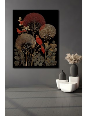 Görkemli Kırmızı Kuşlu Altın Ağaçlar Yağlı Boya Görünüm Sanat Ofis,mutfak Tablosu Çerçeve Görünüm