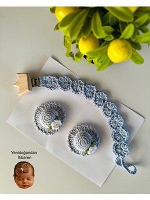 Livadesign7 Yenidoğan Saçsız Bebek Tokası ve Emzik Askısı El Emeği Örgü 3'lü Set