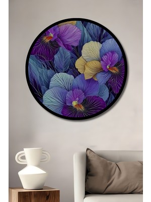 Mor ve Mor Sümbül Görünümlü Soyut Sanat Ahşap Tablo Yuvarlak Duvar Tablosu Çerçeve Görünümlü