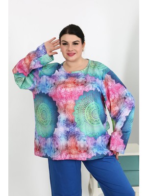 İbrahim Burak Etiler Collection Moda Çizgi Kadın Büyük Beden Uzun Kol Penye Pijama Takımı Saks 202503