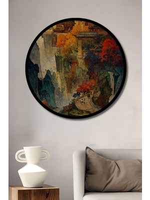 Dağ Manzaralı Saray Görünümlü Yağlı Boya Sahne Ahşap Tablo Yuvarlak Duvar Tablosu Çerçeve Görünümlü