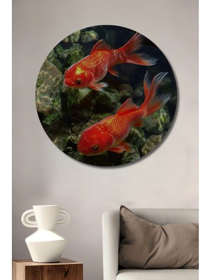 Altın Balıkları Ile Büyülü Doğanın Buluşması Sulu Boya Görünümlü Ahşap Tablo Yuvarlak Duvar Tablosu