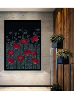 Kırmızı Gelincik Çiçekleri Yağlı Boya Görünümlü Ahşap Ev,antre,ofis,mutfak Tablo Çerçeve Görünümlü