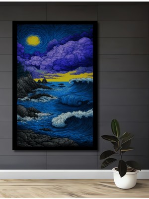 Büyük Dalgalar ve Fırtınalı Gökyüzü Yağlı Boya Görünümlü Ahşap Ev,antre,ofis Tablo Çerçeve Görünümlü
