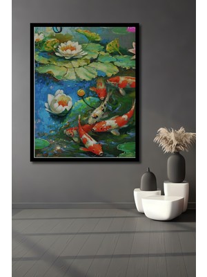 Canlı Koi Balıkları ve Nilüfer Çiçekleri Yağlı Boya Görünümlü Ahşap  Tablo Çerçeve Görünümlü