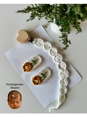 Livadesign7 Yenidoğan Saçsız Bebek Tokası ve Emzik Askısı El Emeği Örgü 3'lü Set