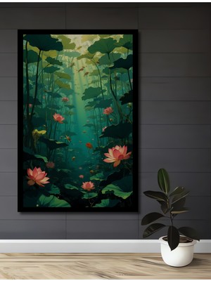Sihirli Nilüfer Ormanı Sulu Boya Görünümlü Ahşap Ev,antre,salon,ofis,mutfak Tablo Çerçeve Görünümlü