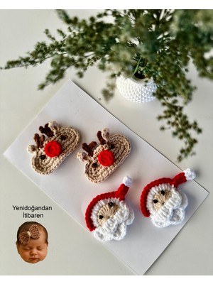 Livadesign7 El Emeği 4'lü Yenidoğan Saçsız Bebek Tokası Seti -Klips Özel Tasarım Noel Baba - Geğik
