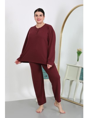 İbrahim Burak Etiler Collection Moda Çizgi Kadın Büyük Beden Uzun Kol Penye Pijama Takımı Bordo 202501