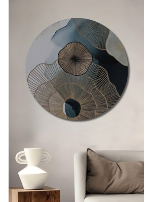 Altın Varaklı Soyut Çiçek Desenli Modern Sanat Ahşap Dekoratif Tablo Yuvarlak Duvar Tablosu