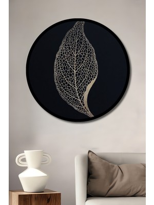 Altın Yaprak Dokusu Ahşap Tablo Yuvarlak Duvar Tablosu Çerçeve Görünümlü