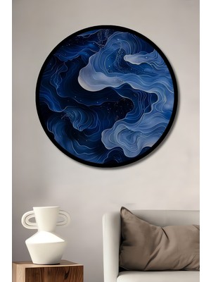 Soyut Mavi Dalgalar Sulu Boya Görünümlü Ahşap Tablo Yuvarlak Duvar Tablosu Çerçeve Görünümlü