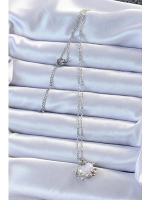 Shopwave 316L Çelik Zincir Gümüş Renk Zirkon Taşlı Gezegen Görünümlü Kalp Kolye - TJ-BKO9218