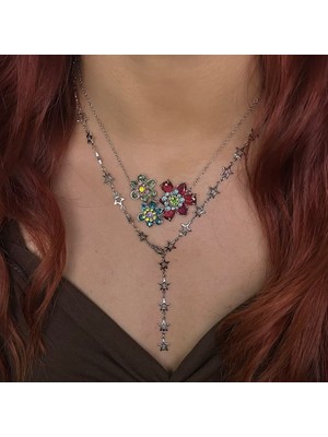 Moderncevher Kristal Bahçesi Çift Katmanlı Kolye - Renkli Çiçek ve Yıldız Detaylı