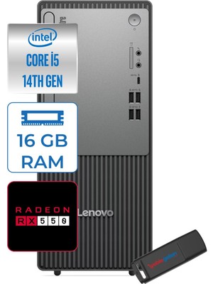 Lenovo Thinkcentre Neo 50T Gen5 Intel Core I5 14400 16GB Ddr5 1tb SSD Windows 11 Home Radeon RX550 4gb Masaüstü Bilgisayar 55012UAS1CF00H03 + Zetta Flash Bellek