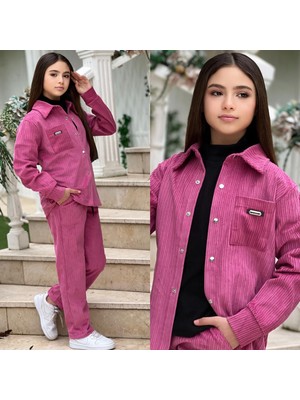 Burçak Butik Kız Çocuk Kışlık Fitilli Kadife Gömlek - Pantolon - Uzun Kol Badi - 3'lü Şık Takım - Bayramlık