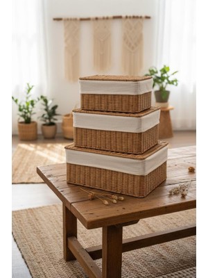 Atbyhome Rattan Hasır Kapaklı Organizer 3'lü Küçük Orta Büyük Düzenleyici