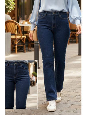 Lale Butik Taş Detay Bootcut Denim Pantolon 35772 Koyu Lacivert