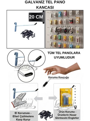 Manken İstanbul 100 Adet 20 cm Delüx Koruma Kauçuklu Tel Pano Kancası - Ekstra Güçlü - Raf Askısı - Raf Kancası
