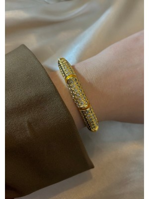 MonCherietr Stonea Pirinç Üzeri Altın Kaplama Taşlı Kelepçe Bileklik