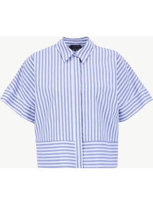 Fabrika Crop Gömlek Yaka Çizgili Mavi - Beyaz Kadın Gömlek F6SL-GML0362