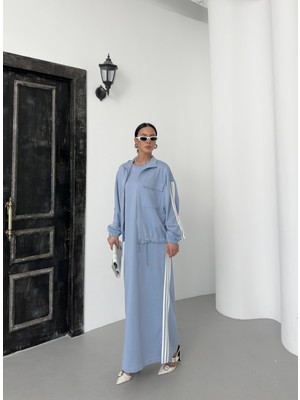 Indigo Kadın Oversize Kalıp Etek Ucu Yırtmaç Detaylı Elbise ve Fermuar Kapamalı Cepli Lastikli Sweat Pamuklu Örme Takım