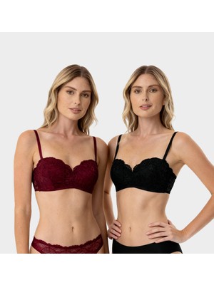 Pierre Cardin 2'li Ekonomik Paket Siyah-Bordo 6800 Ales Ultra Hafif Bütün Kap Dolgusuz Dantelli Straplez Sütyen Set